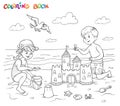 Coloring book or page. A girl and a boy are playing on the beach near the sea.