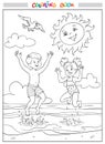 Black and white coloring book or illustration. Joyful girl and boy are jumping into the sea on the beach, the sun is smiling in th Royalty Free Stock Photo