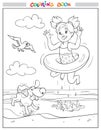 Black and white coloring book or illustration. Joyful girl and dog are jumping into the sea on the beach, a seagull in the sky Royalty Free Stock Photo