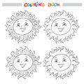 Coloring book or page with a collection of four smiling suns with different rays.