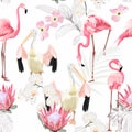 Tropical vintage white palm leaves and pink flowers, pelican flamingo birds floral seamless pattern on white background.