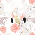 Tropical vintage white palm leaves and flowers, pelican birds floral seamless pattern on white background. Royalty Free Stock Photo