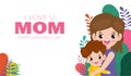 Happy Mother`s day greeting card. Beautiful mother hugging son on flowers background, i love mom with holiday isolated Vector Royalty Free Stock Photo
