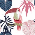 Toucans, blue pink palm leaves, white background. Floral seamless pattern. Tropical illustration.