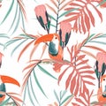 Toucans, coral protea flowers, palm leaves, white background. Floral seamless pattern. Royalty Free Stock Photo