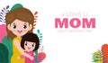 Happy Mother`s day greeting card. Beautiful mother hugging daughter on flowers background, i love mom with holiday isolated Vector Royalty Free Stock Photo