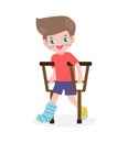 Caucasian kid injured with broken leg in gypsum. little children standing on crutches, cartoon teen disabled character broken leg
