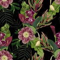 Blooming hellebore flowers. Floral seamless pattern. Winter rose. Lenten Rose with with many kind of tropical leaves. Royalty Free Stock Photo