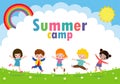 Kids summer camp background education Template for advertising brochure or poster, happy children doing activities on camping Royalty Free Stock Photo