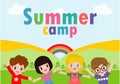 Kids summer camp background education Template for advertising brochure or poster, happy children doing activities on camping Royalty Free Stock Photo