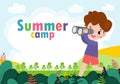 Kids summer camp background education Template for advertising brochure or poster, happy children doing activities on camping Royalty Free Stock Photo