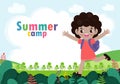 Kids summer camp background education Template for advertising brochure or poster, happy children doing activities on camping Royalty Free Stock Photo