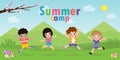 Kids summer camp background education Template for advertising brochure or poster, happy children doing activities on camping Royalty Free Stock Photo