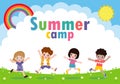 Kids summer camp background education Template for advertising brochure or poster, happy children doing activities on camping Royalty Free Stock Photo