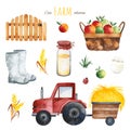 Watercolor set with apples,tractor,haystack, milk bottle,boots,wooden fence