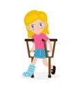 Caucasian sad kid injured with broken leg in gypsum. little children standing on crutches, cartoon teen disabled character broken Royalty Free Stock Photo