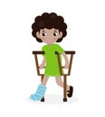 African-american sad children injured with broken leg in gypsum. little kid standing on crutches, cartoon teen disabled character Royalty Free Stock Photo