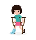 Asian sad kid injured with broken leg in gypsum. little children standing on crutches, cartoon teen disabled character broken leg Royalty Free Stock Photo