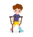 Asian sad kid injured with broken leg in gypsum. little children standing on crutches, cartoon teen disabled character broken leg Royalty Free Stock Photo