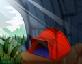 A camping tent in the cave illustration