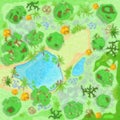 Site improvement  Landscape and tourist camp in the forest. Top view Pond, stones, trees, plants,  lake, beach. Royalty Free Stock Photo