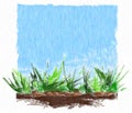 PrintSummer cartoon background, colored pencil drawing , green grass and blue sky. Royalty Free Stock Photo