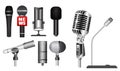 Set of realistic microphone or mic standing at podium or classic mic concept. Royalty Free Stock Photo