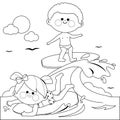 Children surfing on a wave in the sea. Vector black and white coloring page