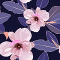 Seamless Floral Pattern With Pink Tropical Magnolia Flowers With Blue Leaves On Vintage Black Background.