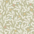 Pen and ink drawing leaf and dots illustration motif seamless repeat pattern khaki and white background color