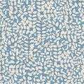 Vector pen drawing branches and leaves motif seamless repeat pattern blue background