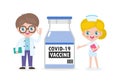 COVID-19 or coronavirus 2019-nCoV vaccine concept. happy caucasian Doctors team with Vaccine vial, Medical staff doctor