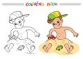 Coloring book. A happy little boy in a hat play in the sand and car toys. Royalty Free Stock Photo