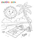Coloring. The boy sunbathes on the beach near the sea, the sun looks at him and smiles. Royalty Free Stock Photo