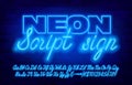 Neon script sign font. Blue neon color letters and numbers and punctuation.