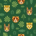 Seamless pattern with tigers and tropical leaves, Royalty Free Stock Photo