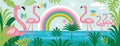 Flamingo , rainbow, palm leaves. Cartoon vector illustration