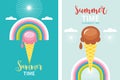 Summer time banners concept, ice cream cone and rainbow, color vector illustration. Hello summer