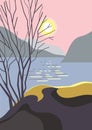 Stylized landscape in flat minimalist style, tree and lake