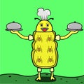 Vector Of Yellow Cheerful Caterpillar with Fast Food, Cooking Theme and Green Background. Royalty Free Stock Photo