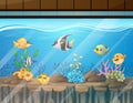 Cartoon the aquarium tank with fishes and coral