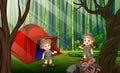 The explorer boy and girl camping in the bamboo forest