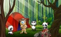 A safari boy and three pandas in the bamboo forest Royalty Free Stock Photo