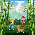 Cartoon young farmers in the green land