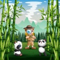 A safari boy with pandas in the park Royalty Free Stock Photo