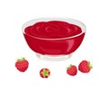 Raspberry jam in glass bowl. Vector Berry red confiture