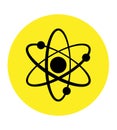 Atom icon in flat design. molecular sign on yellow background. Atom science orbit outline symbol vector. Orbiting atoms.