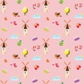 Seamless pattern with cute girly summer elements on white background