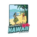 Hula dance girl with two man in beach Hawaii tshirt design Royalty Free Stock Photo