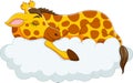 Cartoon funny giraffe sleeping on the clouds